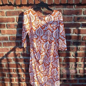 Orange and White LEAF Print Dress
